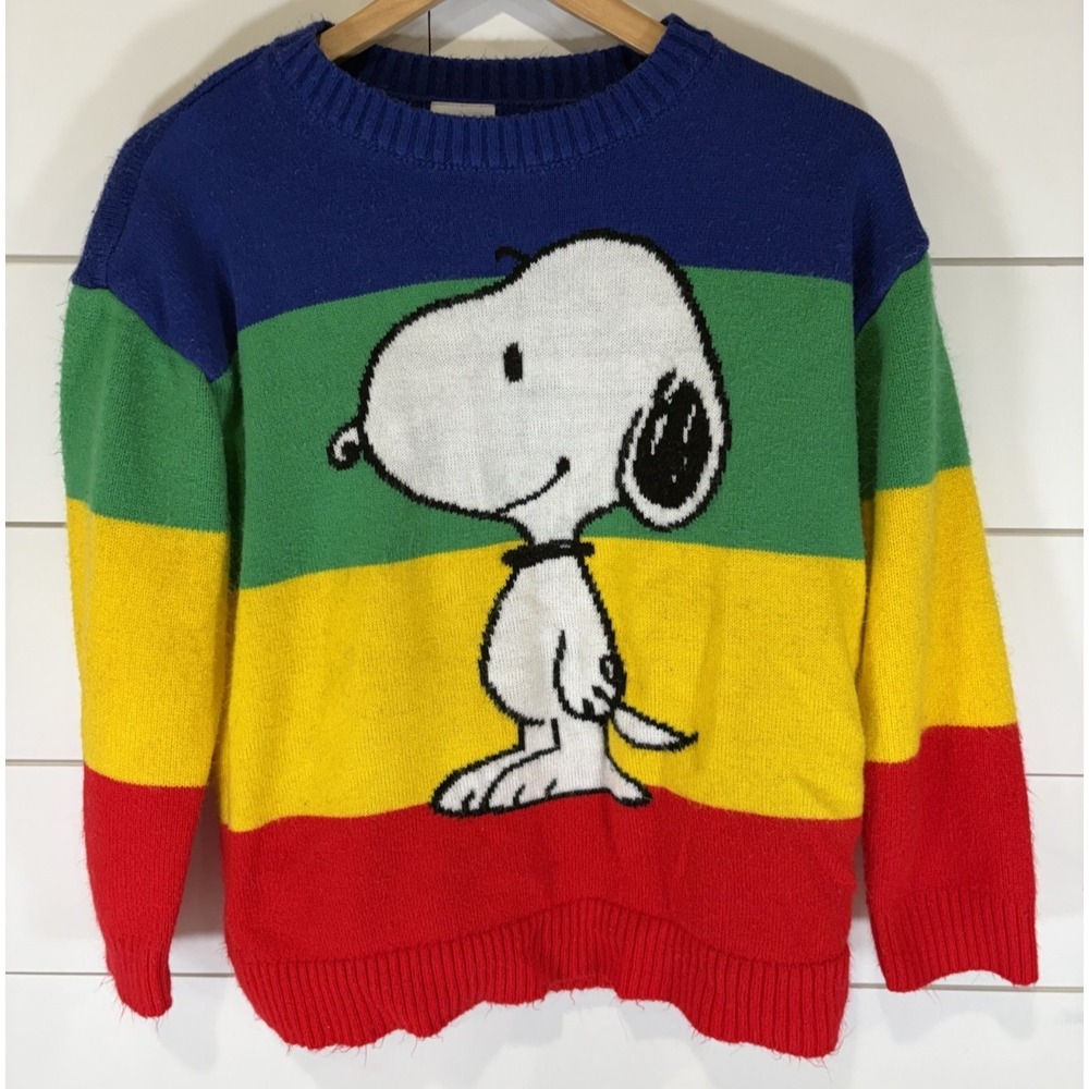 Peanuts Snoopy Rainbow Striped Colorblock Knit Sweater Multicolor Womens Medium